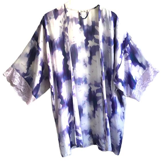 Linea Donatella Purple Floral Robe Size L XL Open Front Kimono Dressing Gown - Picture 1 of 15